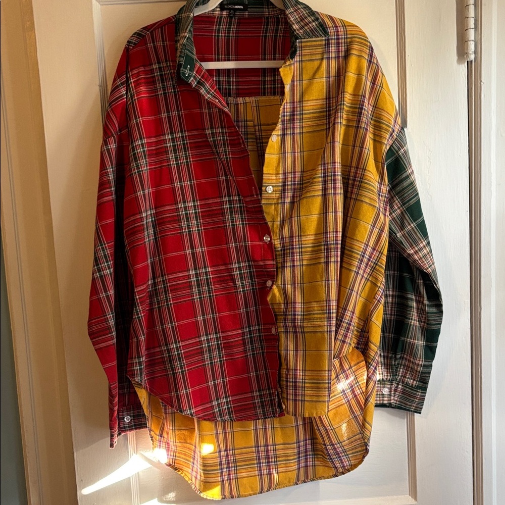 Fashion Nova Patchwork Plaid Button-Down Shirt - … - image 1